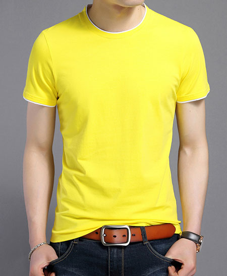 黃色嵌白邊短袖圓領(lǐng)T恤衫定做款式模板