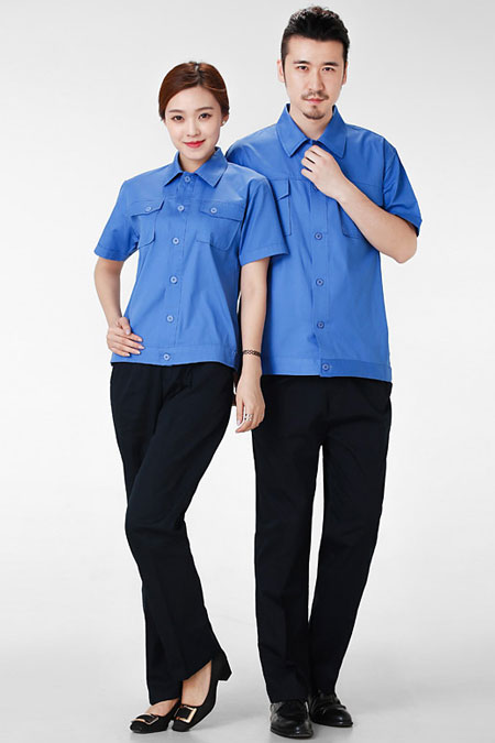 藍(lán)色夾克短袖工衣廠(chǎng)服訂做款式圖